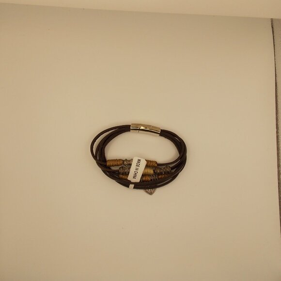 Leather and Silver Beaded 6 Strand Bracelet Magnet Clasp Heart Charm Boho Hippie - Picture 9 of 11